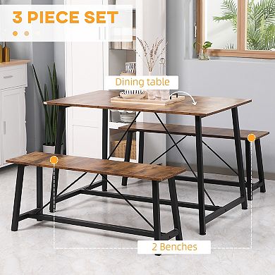 Industrial 3-piece Dining Table Set, Rectangular Kitchen Table & 2 Benches