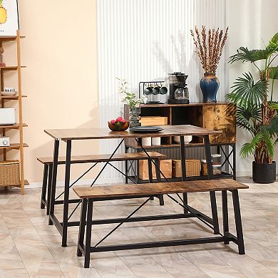 Industrial 3-piece Dining Table Set, Rectangular Kitchen Table & 2 Benches