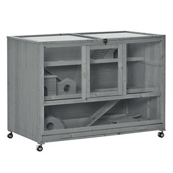 PawHut Wooden Large Hamster Cage with Wheels, Hamster Habitat