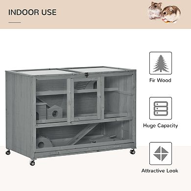 PawHut Wooden Large Hamster Cage with Wheels, Hamster Habitat