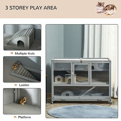 PawHut Wooden Large Hamster Cage with Wheels, Hamster Habitat