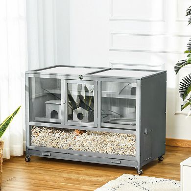 PawHut Wooden Large Hamster Cage with Wheels, Hamster Habitat