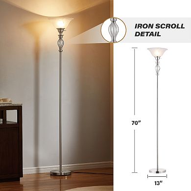 Traditional Iron Scrollwork Standing Lamp Pole Light With Alabaster Glass Bowl Shade  70" Tall- (Brushed Nickel)