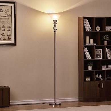 Traditional Iron Scrollwork Standing Lamp Pole Light With Alabaster Glass Bowl Shade  70" Tall- (Brushed Nickel)