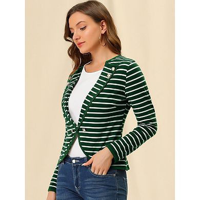 Women's Notched Lapel Button Decor Thin Striped Blazer