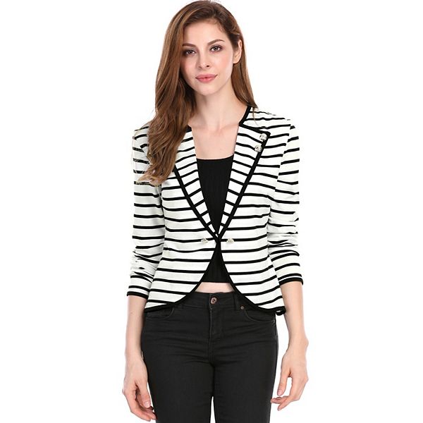 Women Blue Pin Striped Notch Lapel Blazer