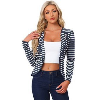 Women's Notched Lapel Button Decor Thin Striped Blazer