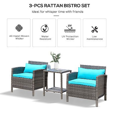 3pc Patio Bistro Set Rattan Wicker Furniture, 2 Armchairs, Table, Shelf, Green