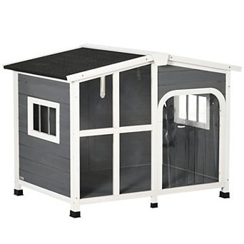 PawHut Cabin-Style Wooden Dog House for Large Dogs Outside with Openable Roof & Giant Window, Big Dog House Outdoor & Indoor, Asphalt Roof, Gray