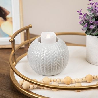 3.75" Gray Knit Design Ceramic Christmas Candle Holder