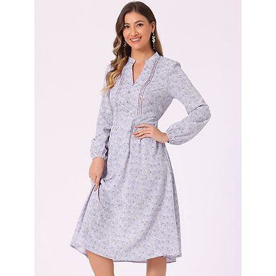 Women's Floral Print Long Sleeve Spring Flowy Midi Boho Dress