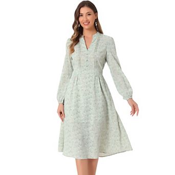 Women's Floral Print Long Sleeve Spring Flowy Midi Boho Dress
