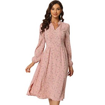 Women's Floral Print Long Sleeve Spring Flowy Midi Boho Dress
