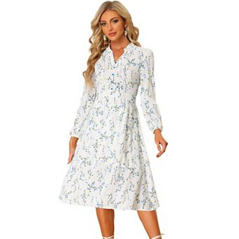 Women's Floral Print Long Sleeve Spring Flowy Midi Boho Dress