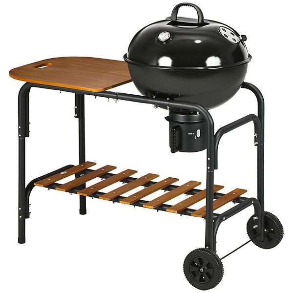 Outsunny Charcoal BBQ Grill on Wheels 21" Barbecue Smoker W/ Table, Shelf