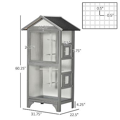 PawHut 60" Wooden Outdoor Bird Cage for Finches, Parakeet, Large Bird Cage with Removable Bottom Tray 4 Perch, Light Gray