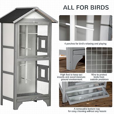 PawHut 60" Wooden Outdoor Bird Cage for Finches, Parakeet, Large Bird Cage with Removable Bottom Tray 4 Perch, Light Gray