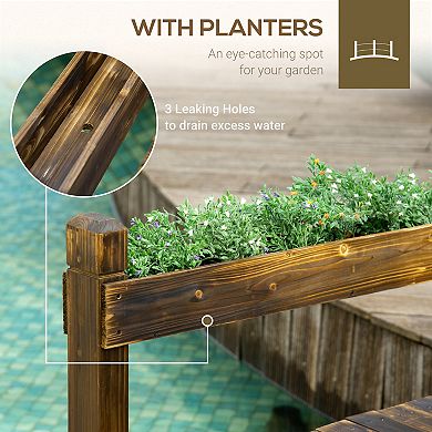 Outsunny 7.5' Wooden Garden Bridge with Planters, Stained Finish Arc Footbridge with Safety Railings for Backyard, Pond Stream, Stained Wood