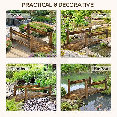 Outsunny 7.5' Wooden Garden Bridge with Planters, Stained Finish Arc Footbridge with Safety Railings for Backyard, Pond Stream, Stained Wood