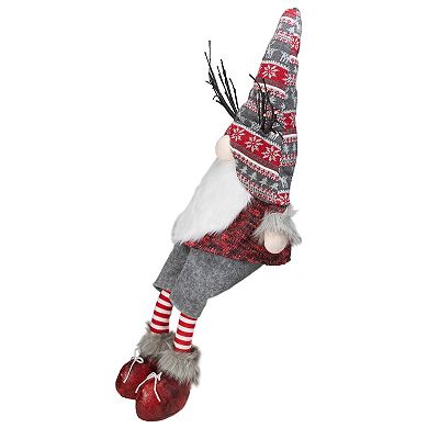 30" Gray and Red Christmas Gnome with LED Antlers and Dangling Legs