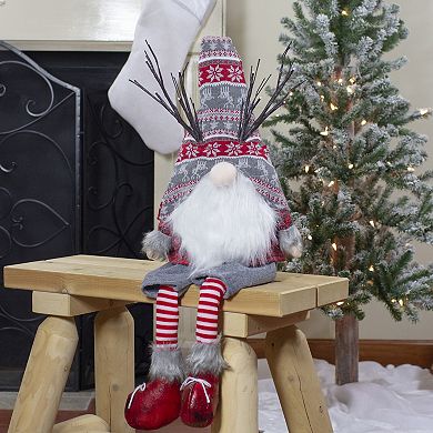 30" Gray and Red Christmas Gnome with LED Antlers and Dangling Legs