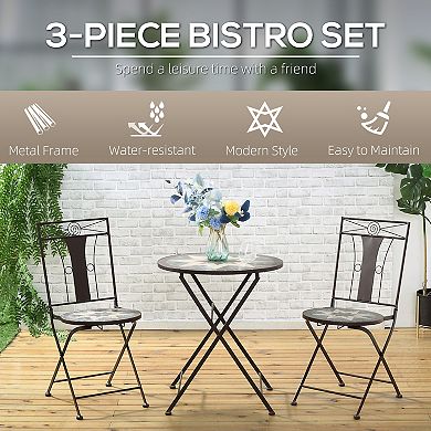 3pc Outdoor Patio Dining Set, 2 Folding Chairs, Table, 8-pointed Star Mosaic