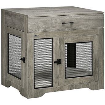 PawHut Dog Crate Furniture with Soft Water-Resistant Cushion, Dog Crate End Table with Drawer, Puppy Crate for Small Dogs Indoor with 2 Doors, Grey
