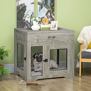 PawHut Dog Crate Furniture with Soft Water-Resistant Cushion, Dog Crate End Table with Drawer, Puppy Crate for Small Dogs Indoor with 2 Doors, Grey