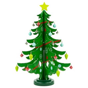 13.75" Green Christmas Tree Cut Out With Ornaments Table Top Decor