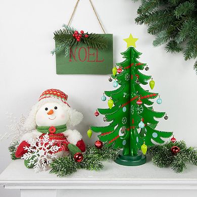 13.75" Green Christmas Tree Cut Out With Ornaments Table Top Decor