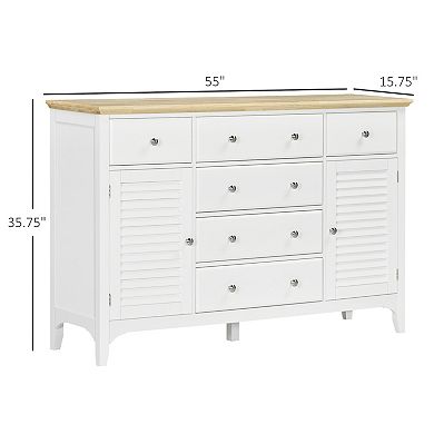 HOMCOM Modern Sideboard with Drawers, Buffet Cabinet with Storage Cabinets, Rubberwood Top and Adjustable Shelves for Living Room, Kitchen, White