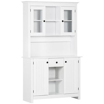 HOMCOM Freestanding Rustic Buffet with Hutch, 4 Door Farmhouse Kitchen Pantry Cabinet, Microwave Stand with Beadboard Panel, Drawer and Adjustable Shelves, White