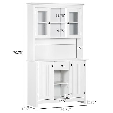 HOMCOM Freestanding Rustic Buffet with Hutch, 4 Door Farmhouse Kitchen Pantry Cabinet, Microwave Stand with Beadboard Panel, Drawer and Adjustable Shelves, White