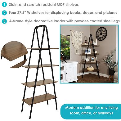 Sunnydaze 4-Tier Industrial-Style Ladder Bookshelf - Brown