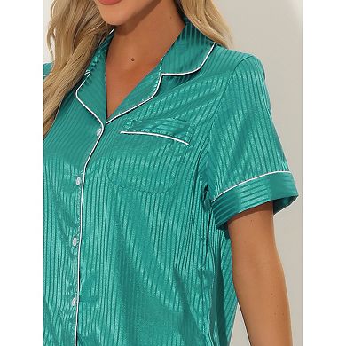 Women's Pajama Short Sleeves Button Down Top And  Shorts Satin Sets