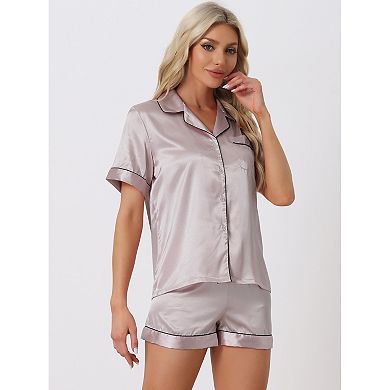 Women's Pajama Short Sleeves Button Down Top And  Shorts Satin Sets