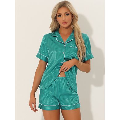 Women's Pajama Short Sleeves Button Down Top And  Shorts Satin Sets