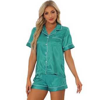 Women's Pajama Short Sleeves Button Down Top and Shorts Satin Sets
