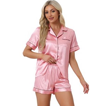 Women's Pajama Short Sleeves Button Down Top and Shorts Satin Sets