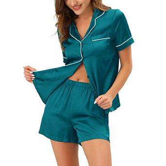 Women's Pajama Short Sleeves Button Down Top and Shorts Satin Sets
