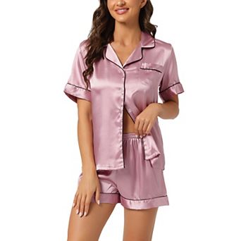 Women's Pajama Short Sleeves Button Down Top and Shorts Satin Sets