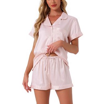 Women's Pajama Short Sleeves Button Down Top and Shorts Satin Sets