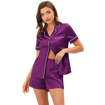 Women's Pajama Short Sleeves Button Down Top and Shorts Satin Sets