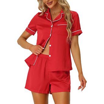 Women's Pajama Short Sleeves Button Down Top and Shorts Satin Sets