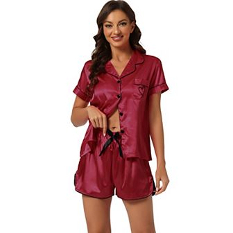 Women's Pajama Short Sleeves Button Down Top and Shorts Satin Sets