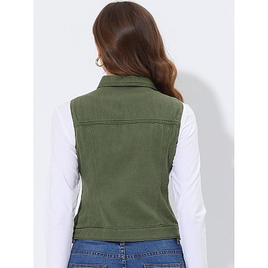 Women's Washed Chest Flap Pockets Single Breasted Denim Vest Jacket