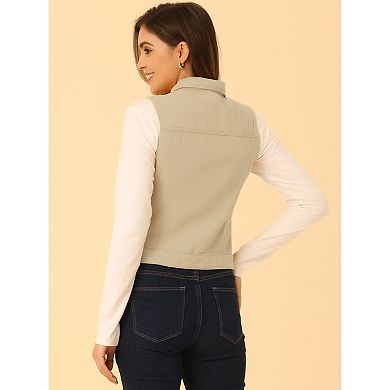 Women's Washed Chest Flap Pockets Single Breasted Denim Vest Jacket