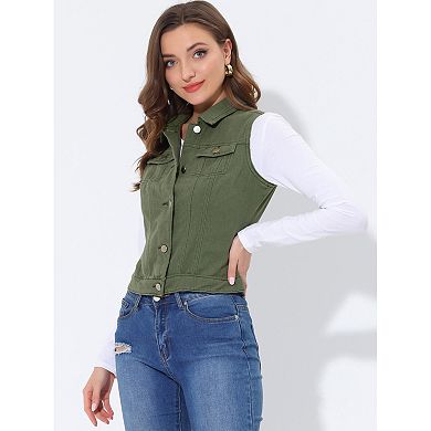 Women's Washed Chest Flap Pockets Single Breasted Denim Vest Jacket