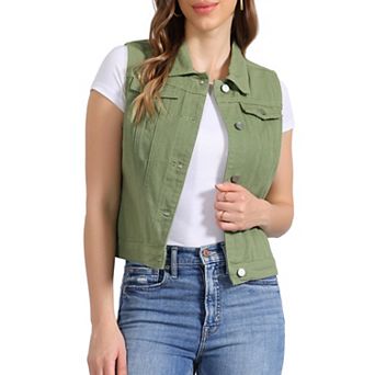 Women's Washed Chest Flap Pockets Single Breasted Denim Vest Jacket