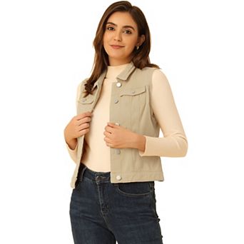Women's Washed Chest Flap Pockets Single Breasted Denim Vest Jacket